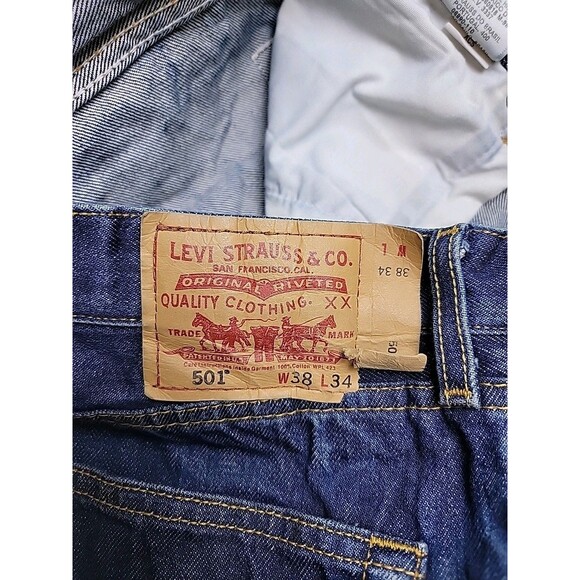 Levis Mens 501 48x34 (36x32) Jeans Straight Button High Cotton Blue Distressed - Picture 12 of 16